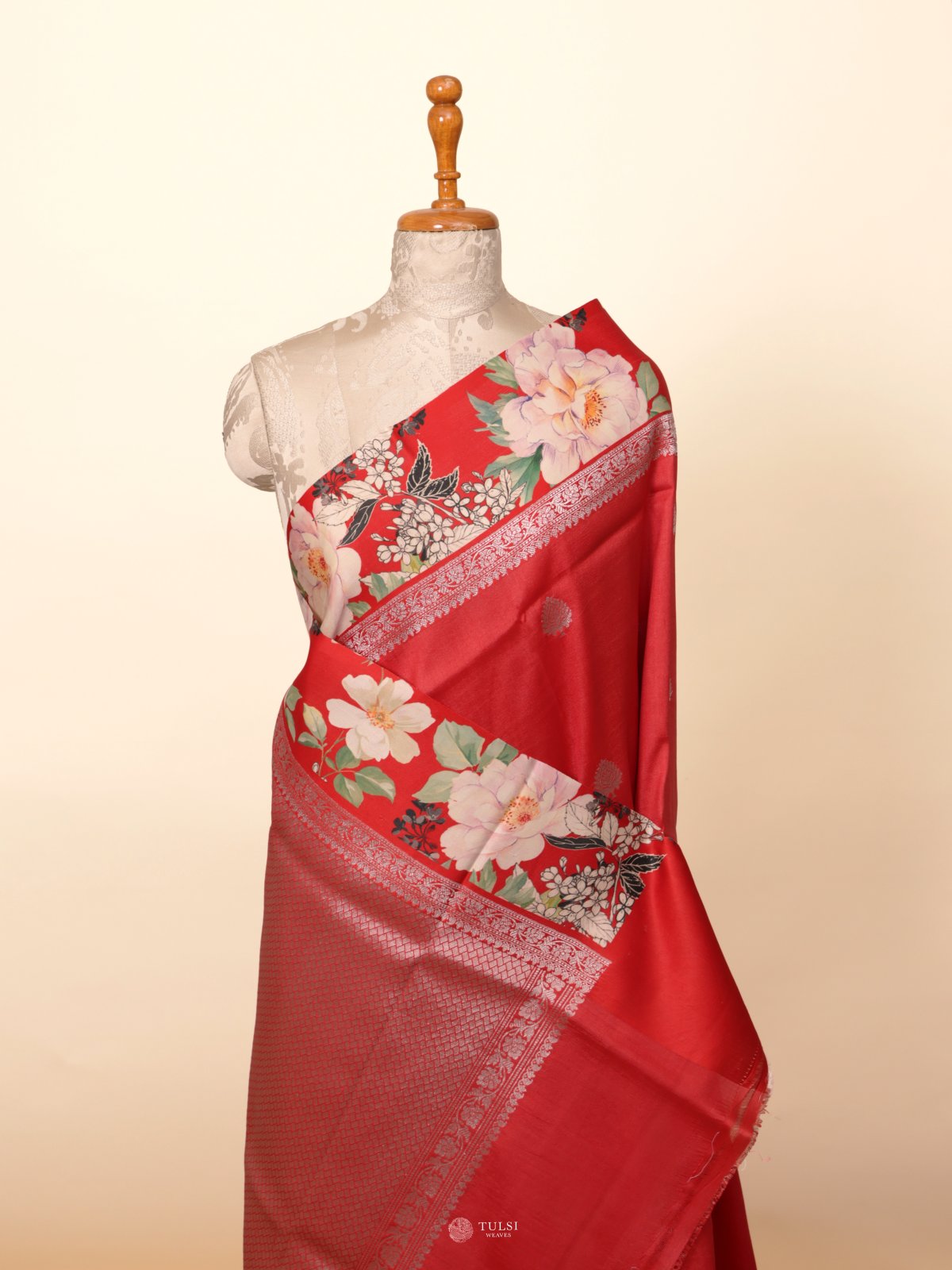 Red Banaras Tussar Georgette Silk Saree With Satin Border