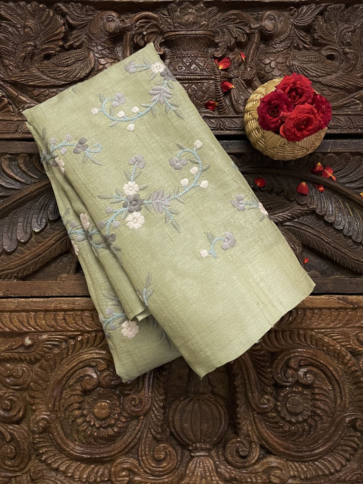 Pista Green Tussar Silk Blouse With Floral Embroidery 