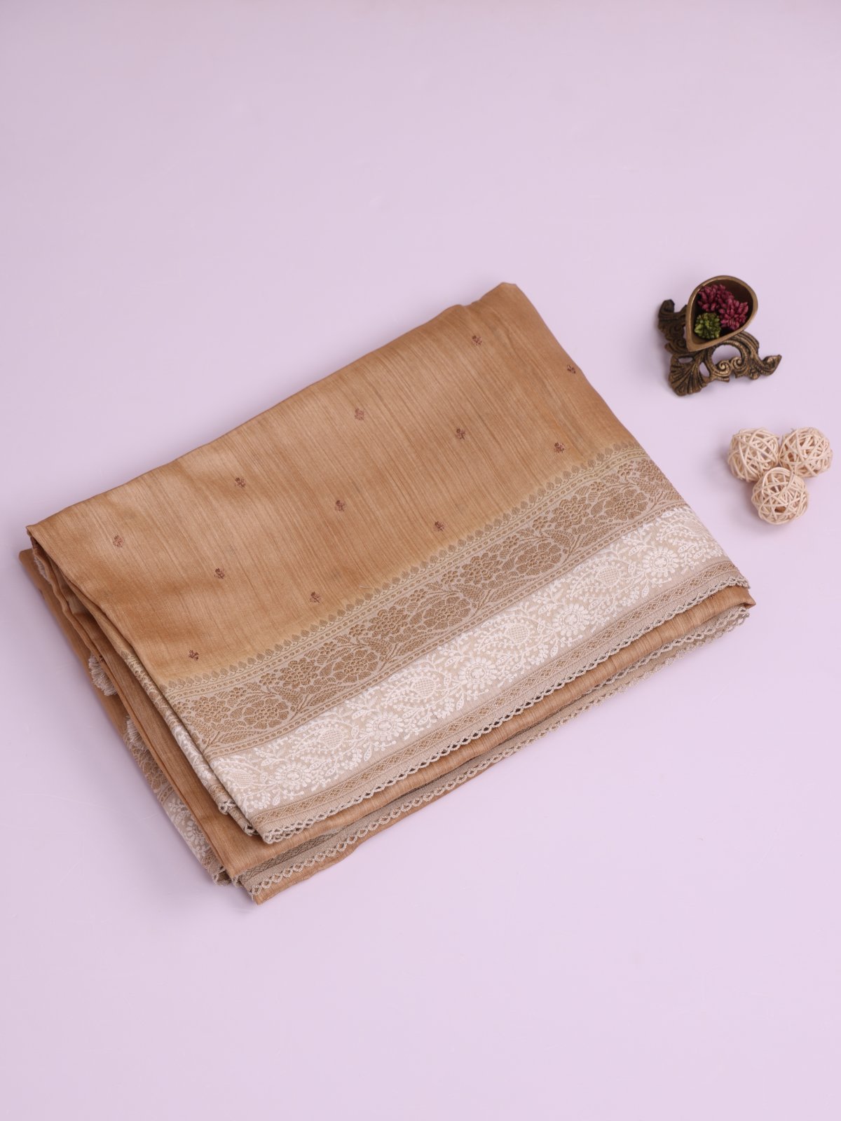 Light Brown Munga Silk Saree With Cream Embroidered Border