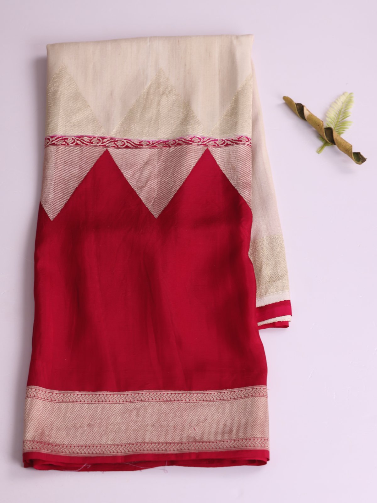 Cream & Pinkish Red Half and Half Banaras Tussar Georgette Silk Saree