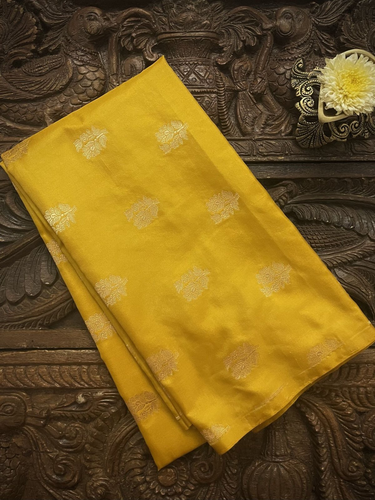 Vivid Yellow Banaras Silk Blouse With Floral Buttis