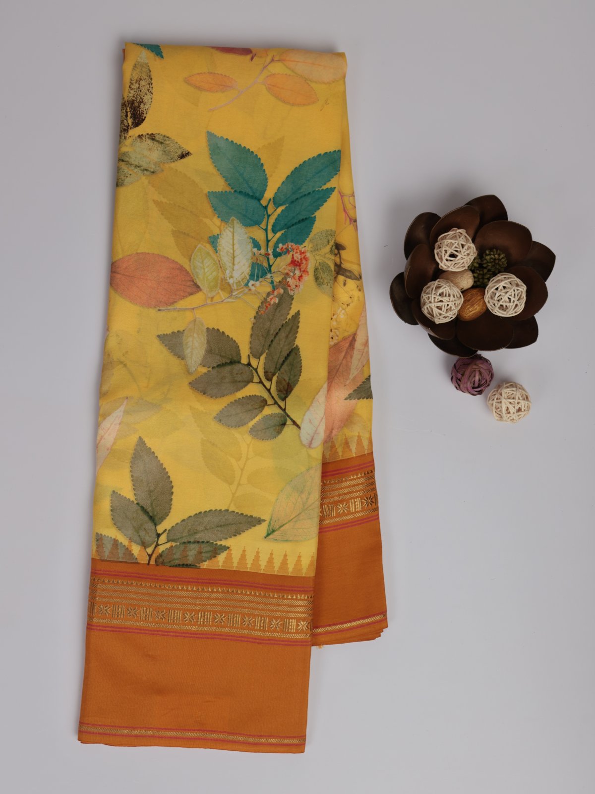 Yellow Printed kanjeevaram Silk Saree
