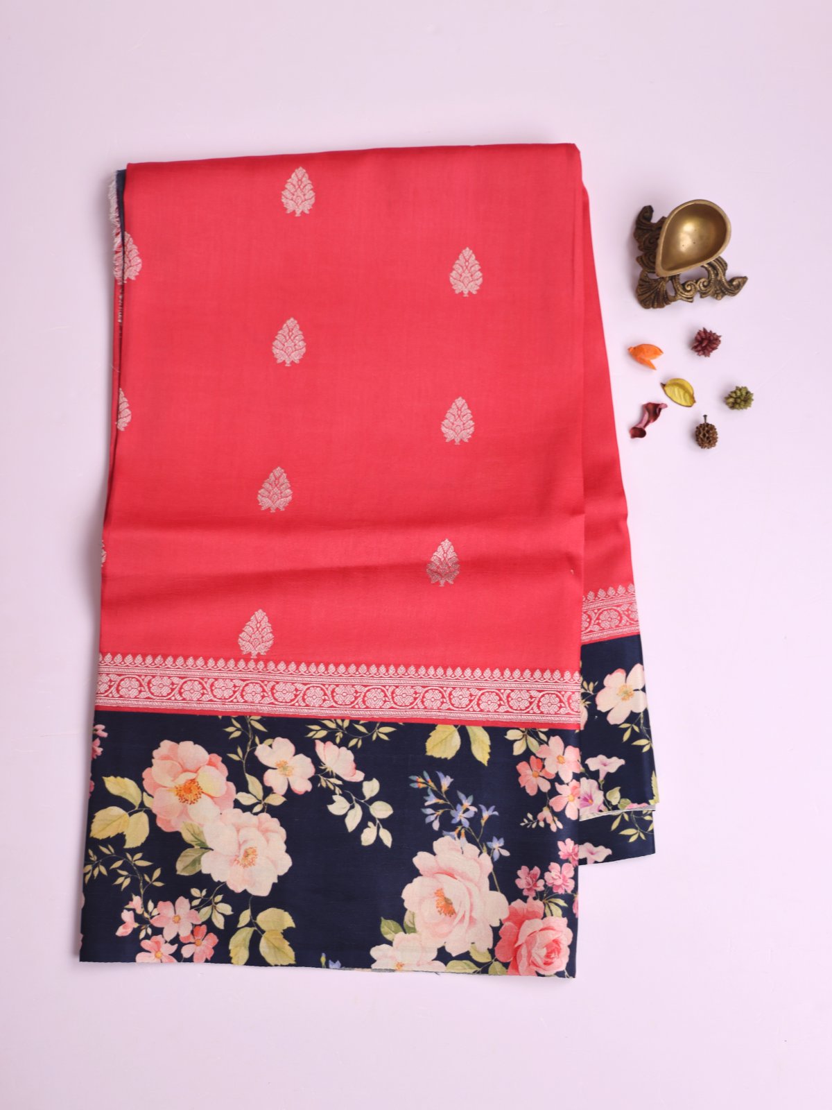 Coral Red Banaras Tussar Georgette Silk Saree with Printed Dark Navy Satin Border