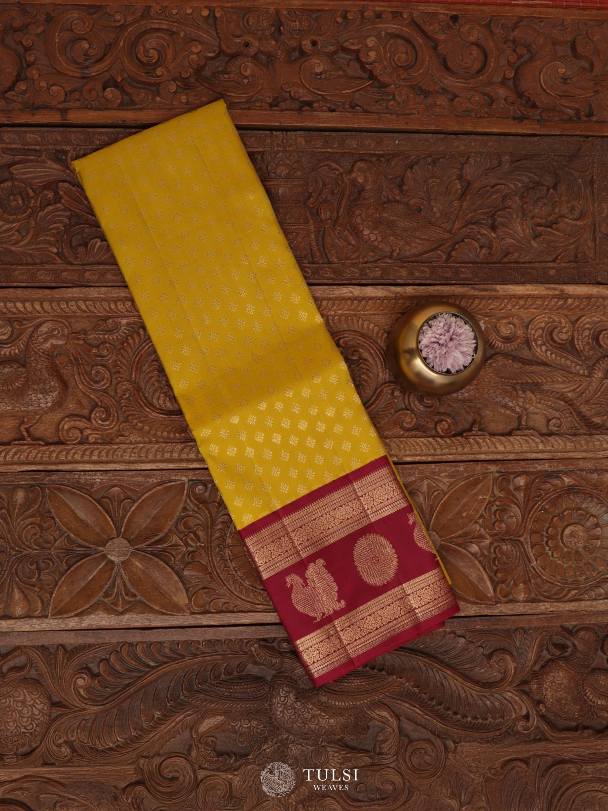 Mustard Yellow Kanjeevaram Silk Pavadai With Pink Border