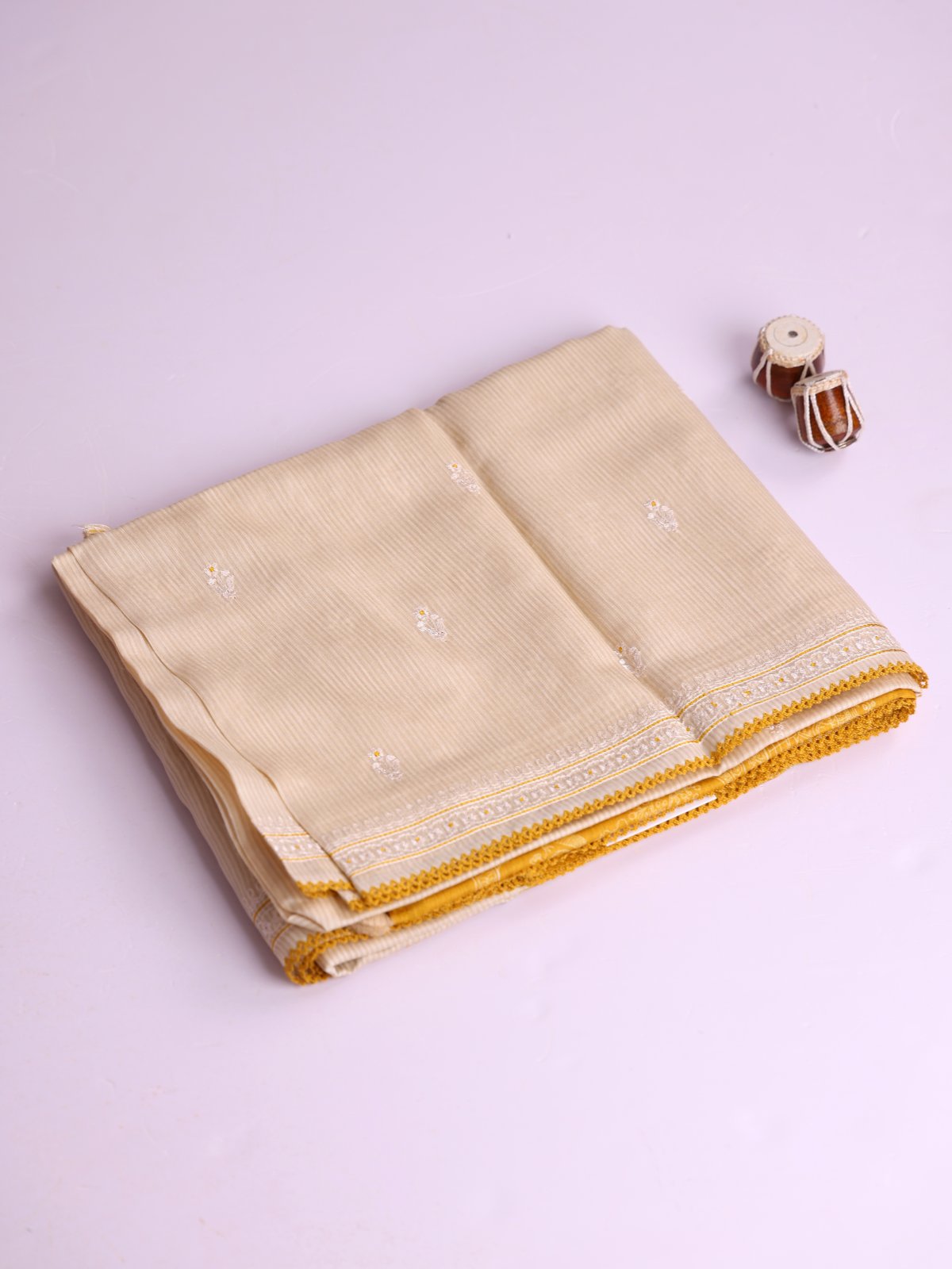 Beige And Cream Striped Munga Tussar Silk Saree With Embroidery