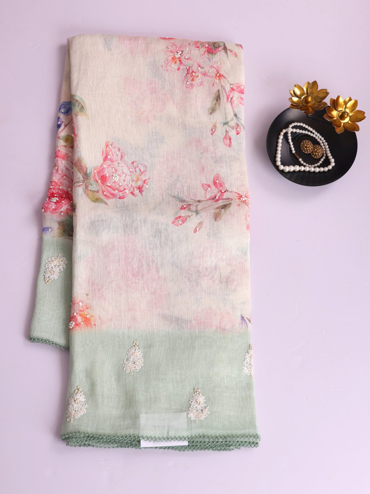 Off- White Printed Linen Saree With Pastel Green Embroidered Border