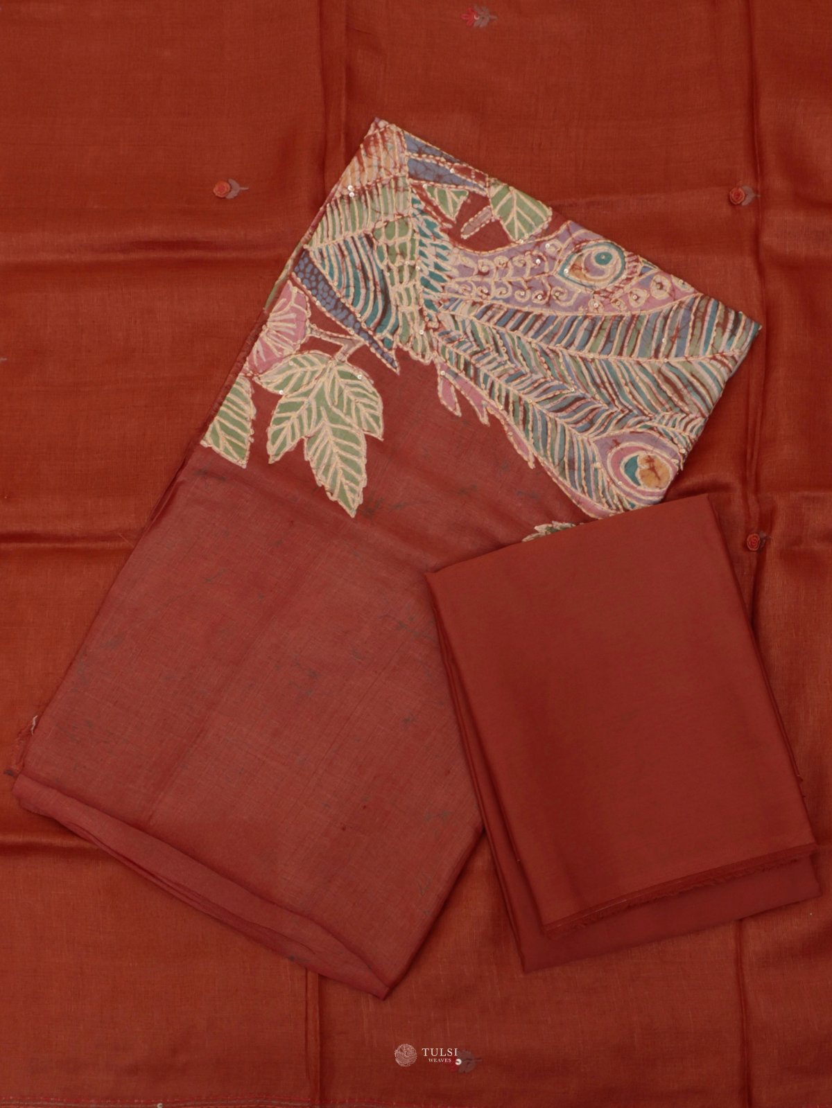 Rust Orange Tussar Salwar Material With Batik Print