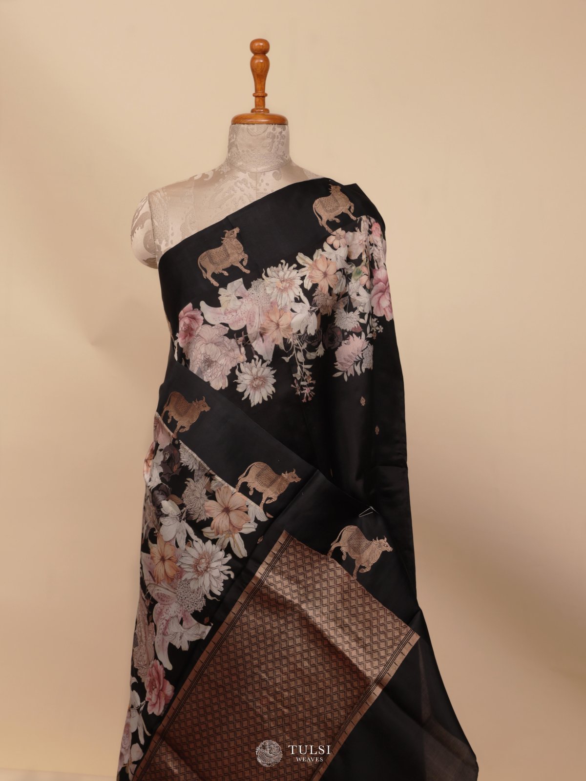 Black Printed Mashru Silk Saree
