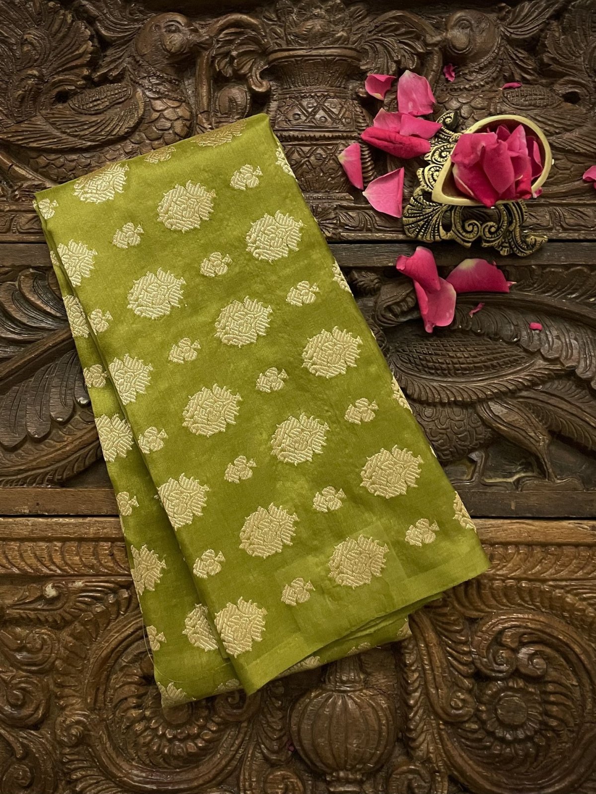 Mehendi Green Banaras Silk Blouse With Pure Zari Butties