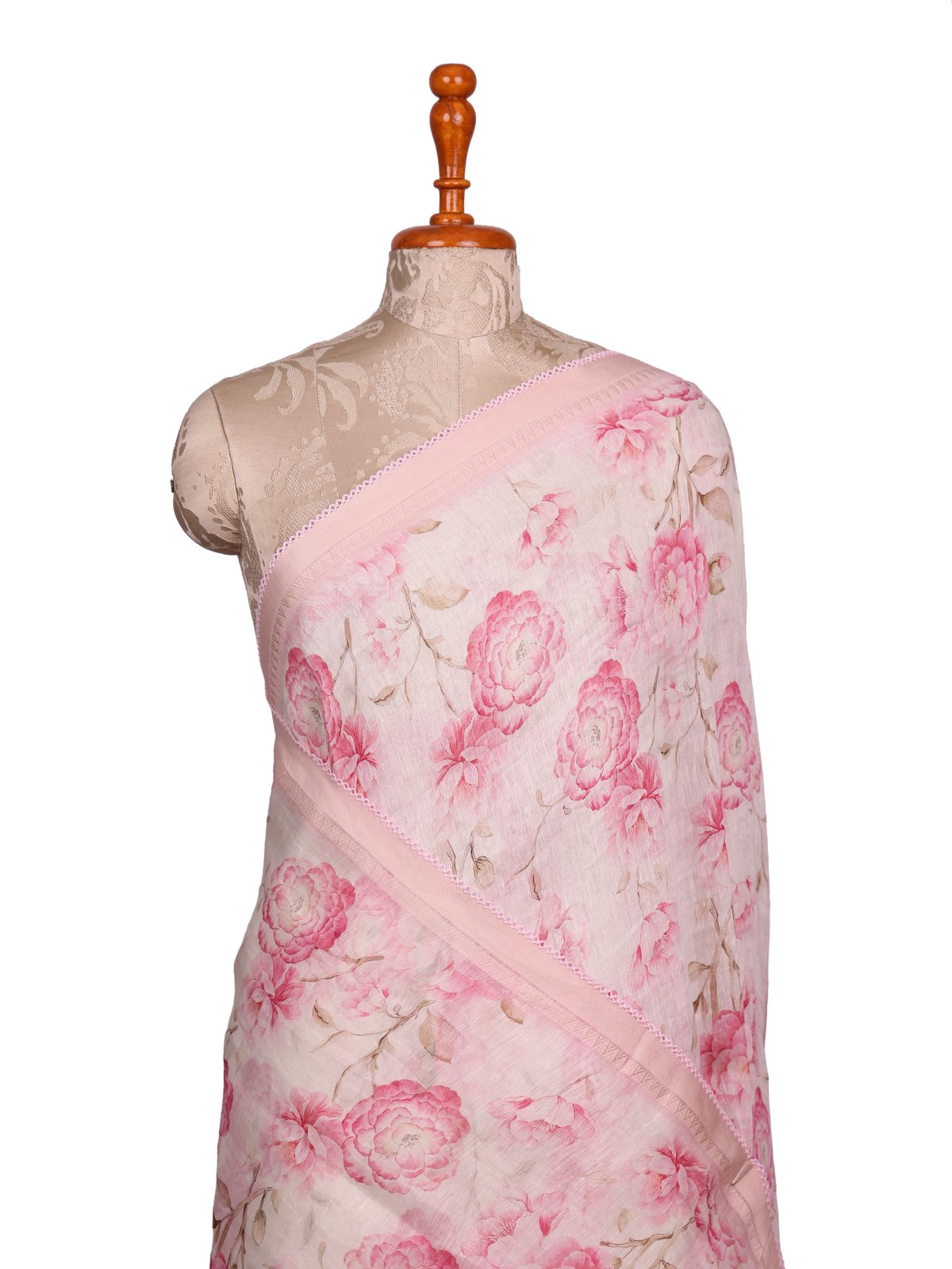 Off-White Printed Linen Saree with Light Pink Embroidered Border