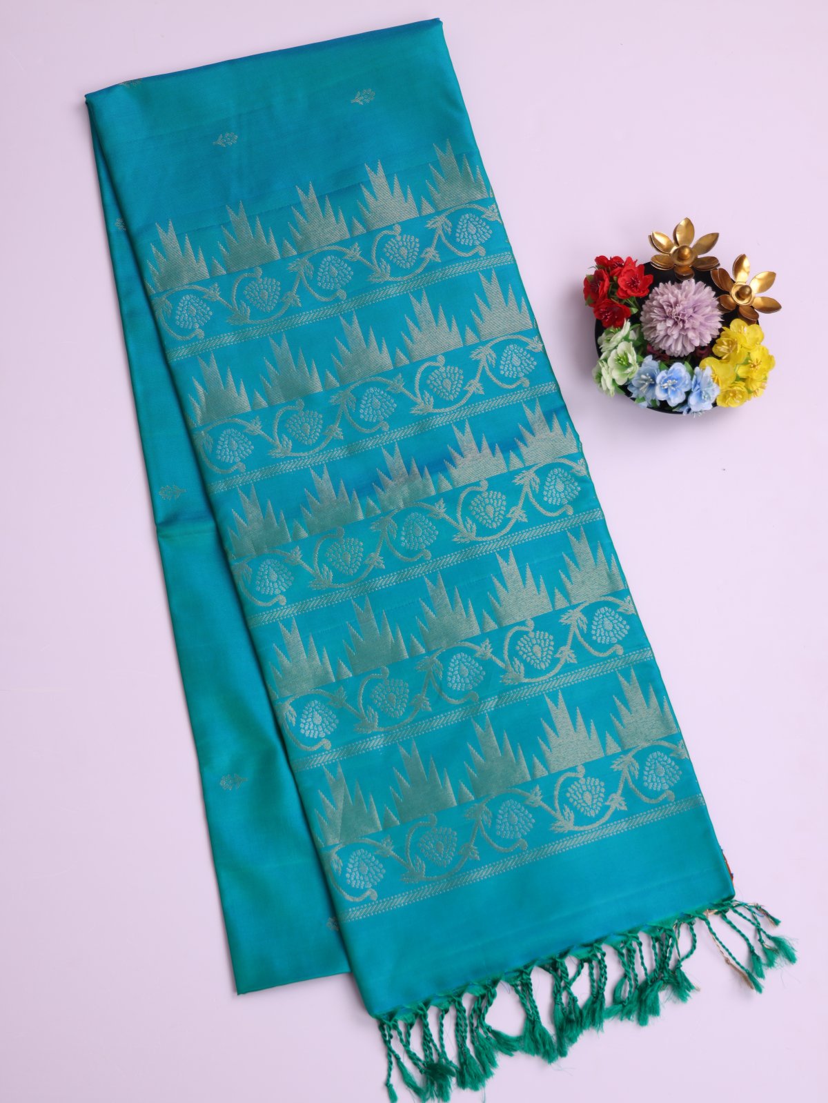 Blue Green Soft Silk Saree With Zari Border