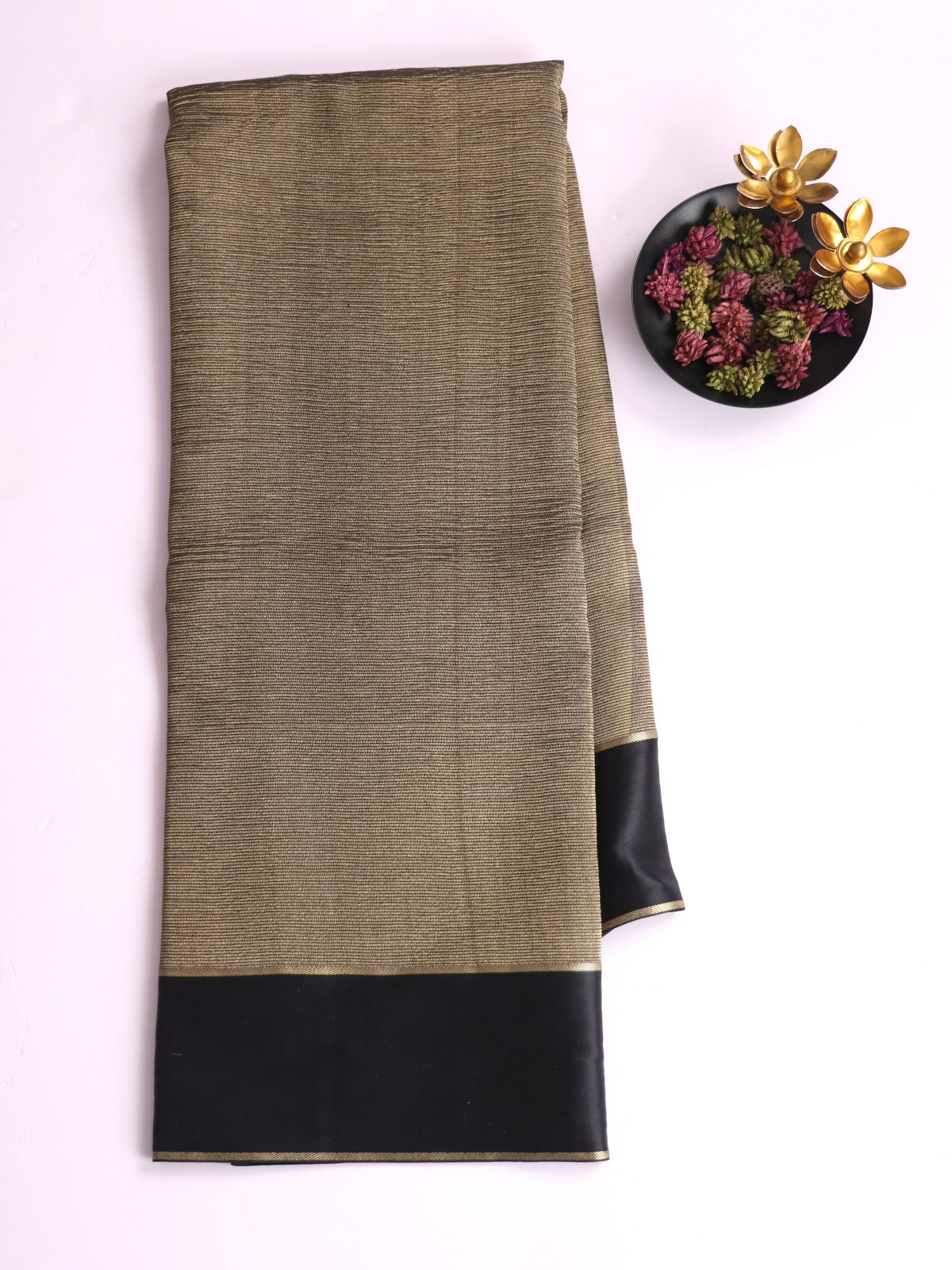 Black Zari Striped Mysore Silk Saree With Satin Border