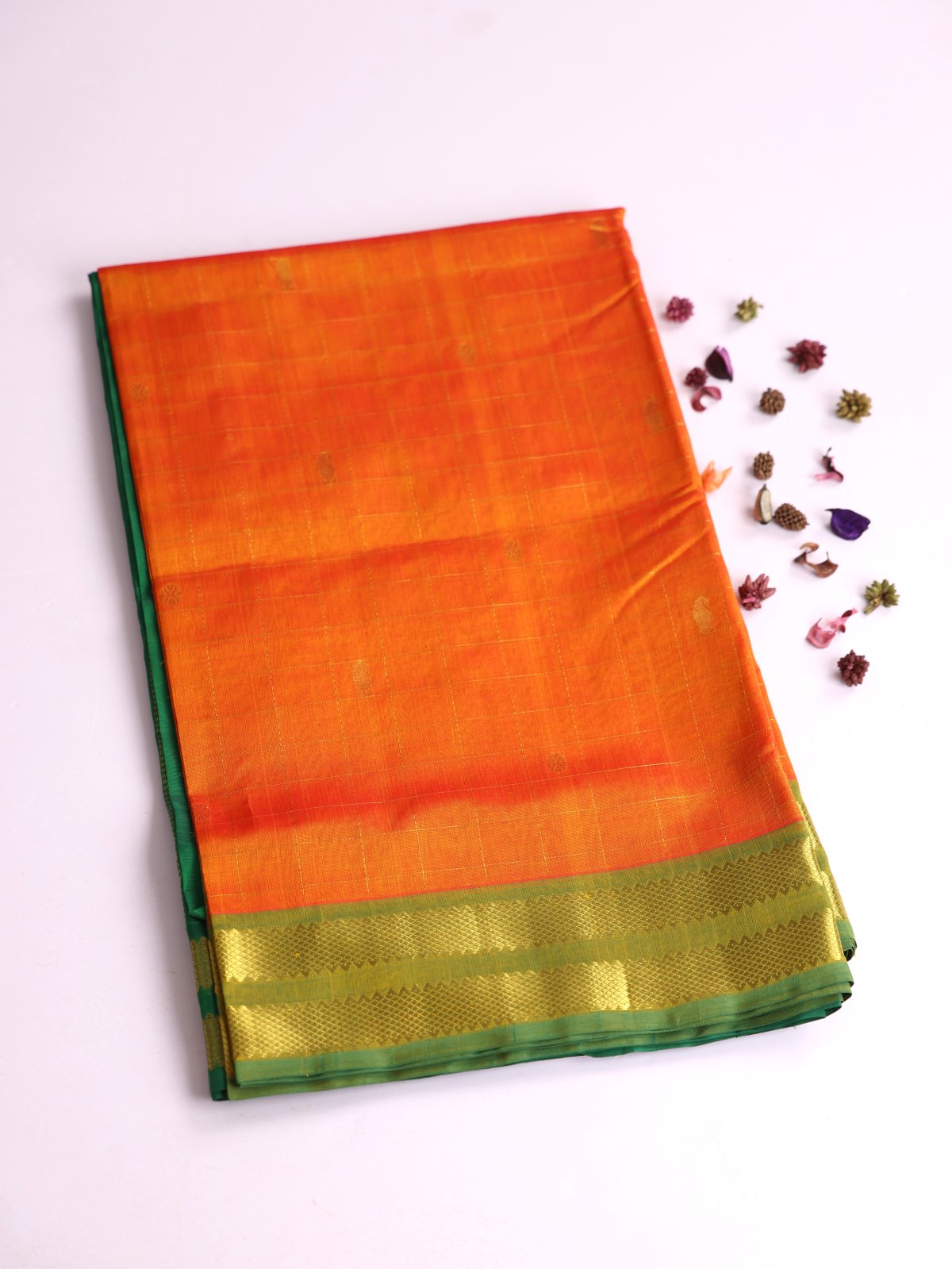 Yellowish Orange Zari Checked Silk Cotton Saree With Zari Border
