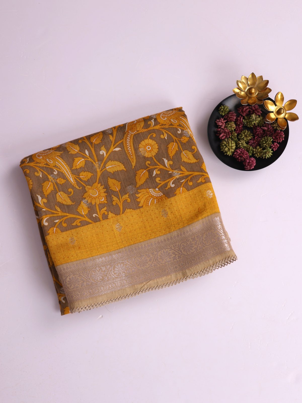 Golden Brown Printed Munga Tussar Silk Saree With Kantha Embroidery