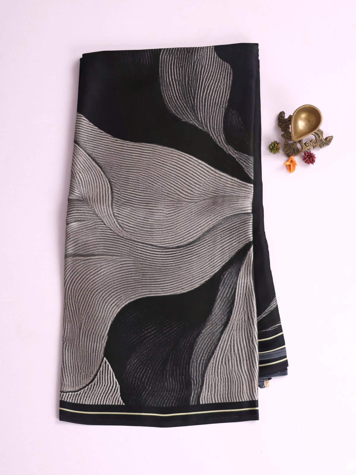 Black Printed Satin Silk Saree