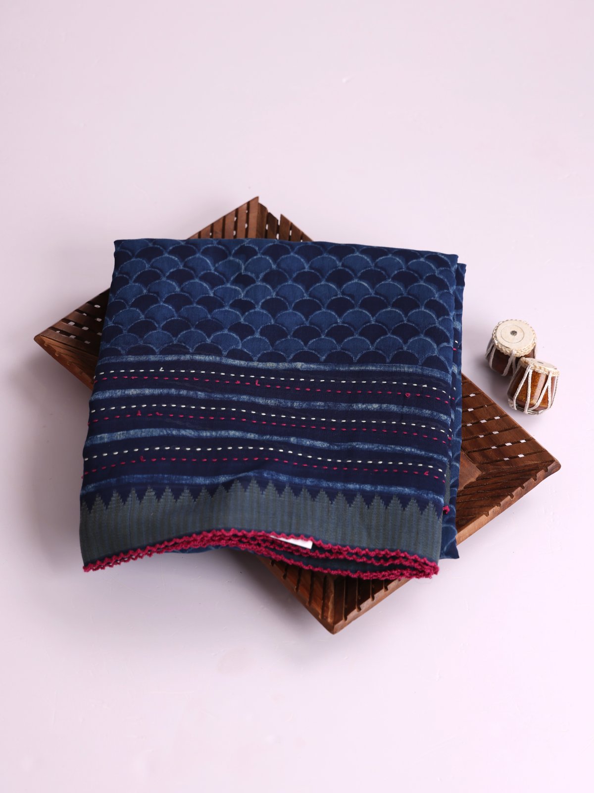 Indigo Printed Chanderi Cotton Saree With Kantha Embroidered Border