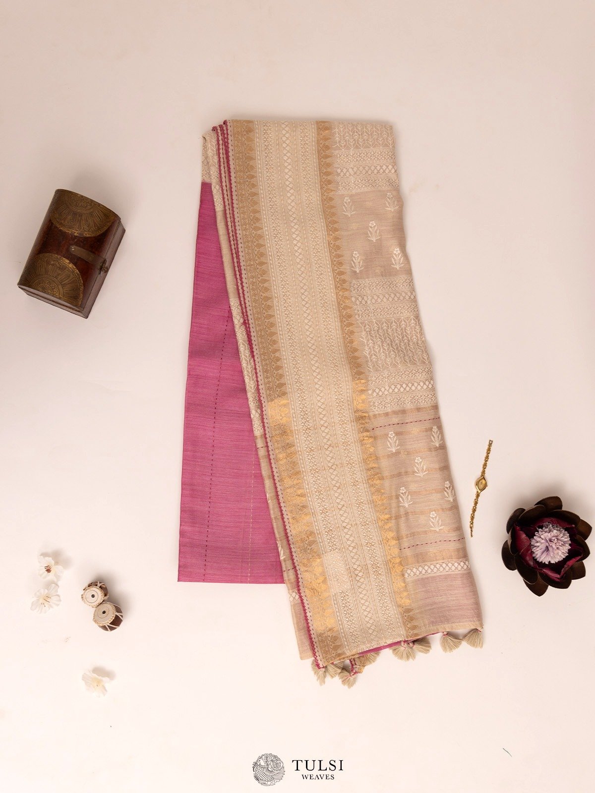 Pink Moonga Tussar Silk Saree