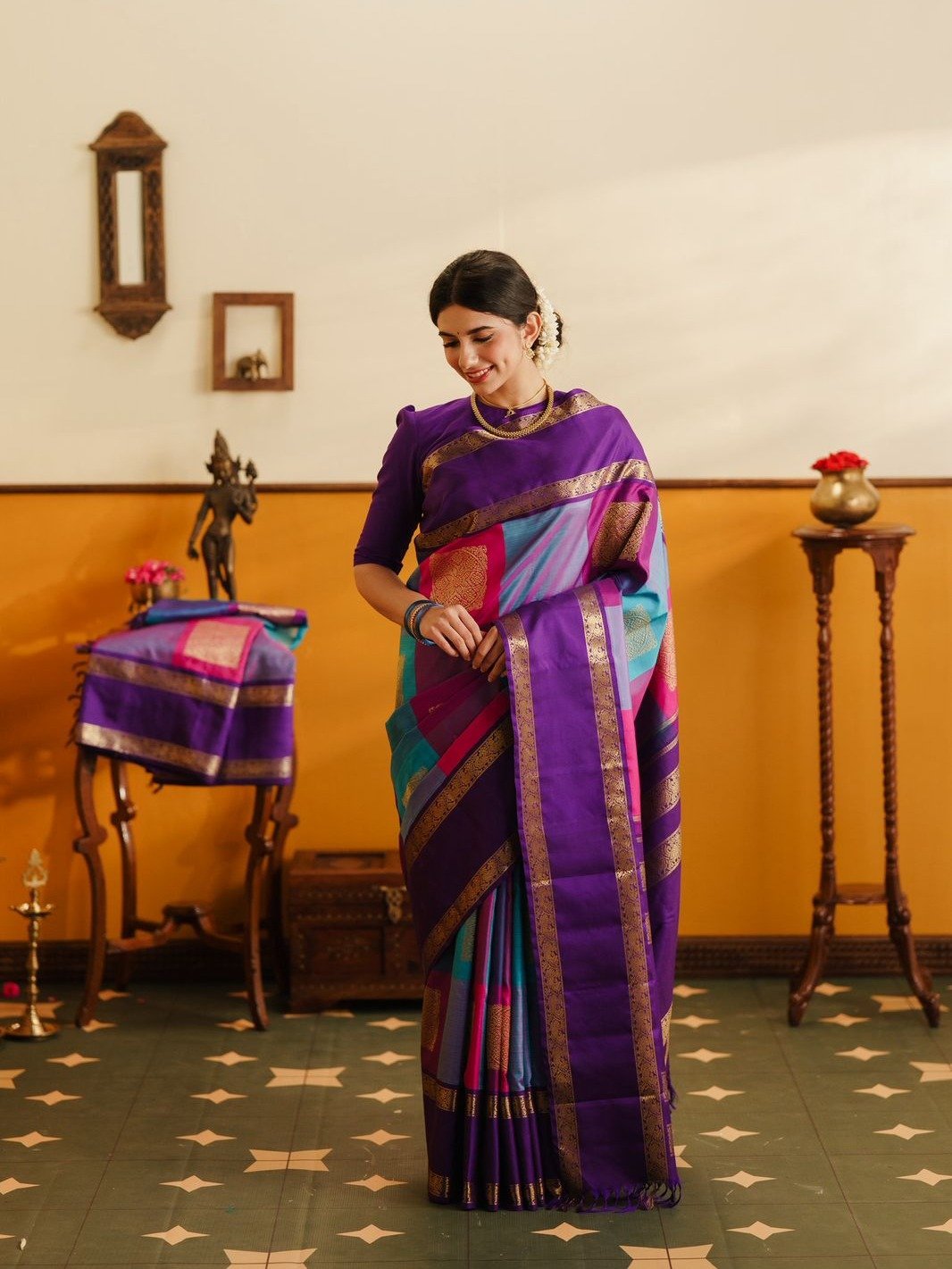 Multi Color Checked Kanjeevaram Silk Sarees With Purple Border