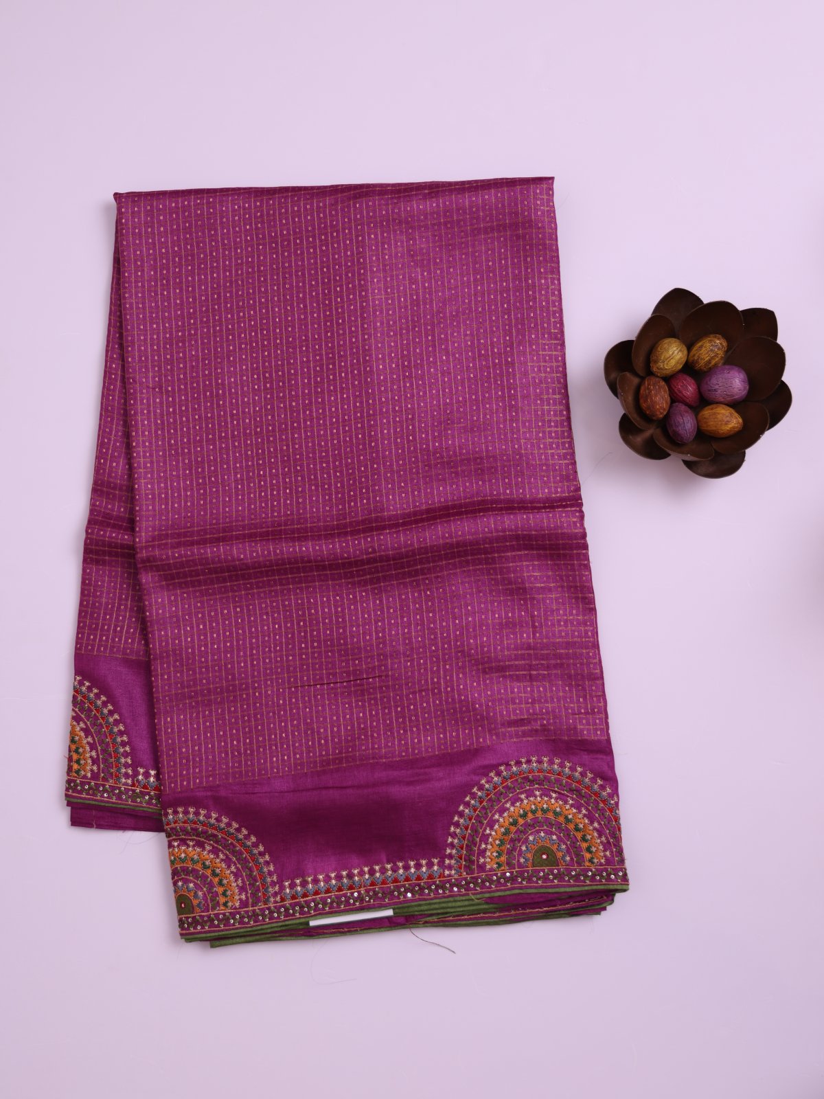 Purple Zari Checked Tussar Silk Saree with Kutch Embroidery