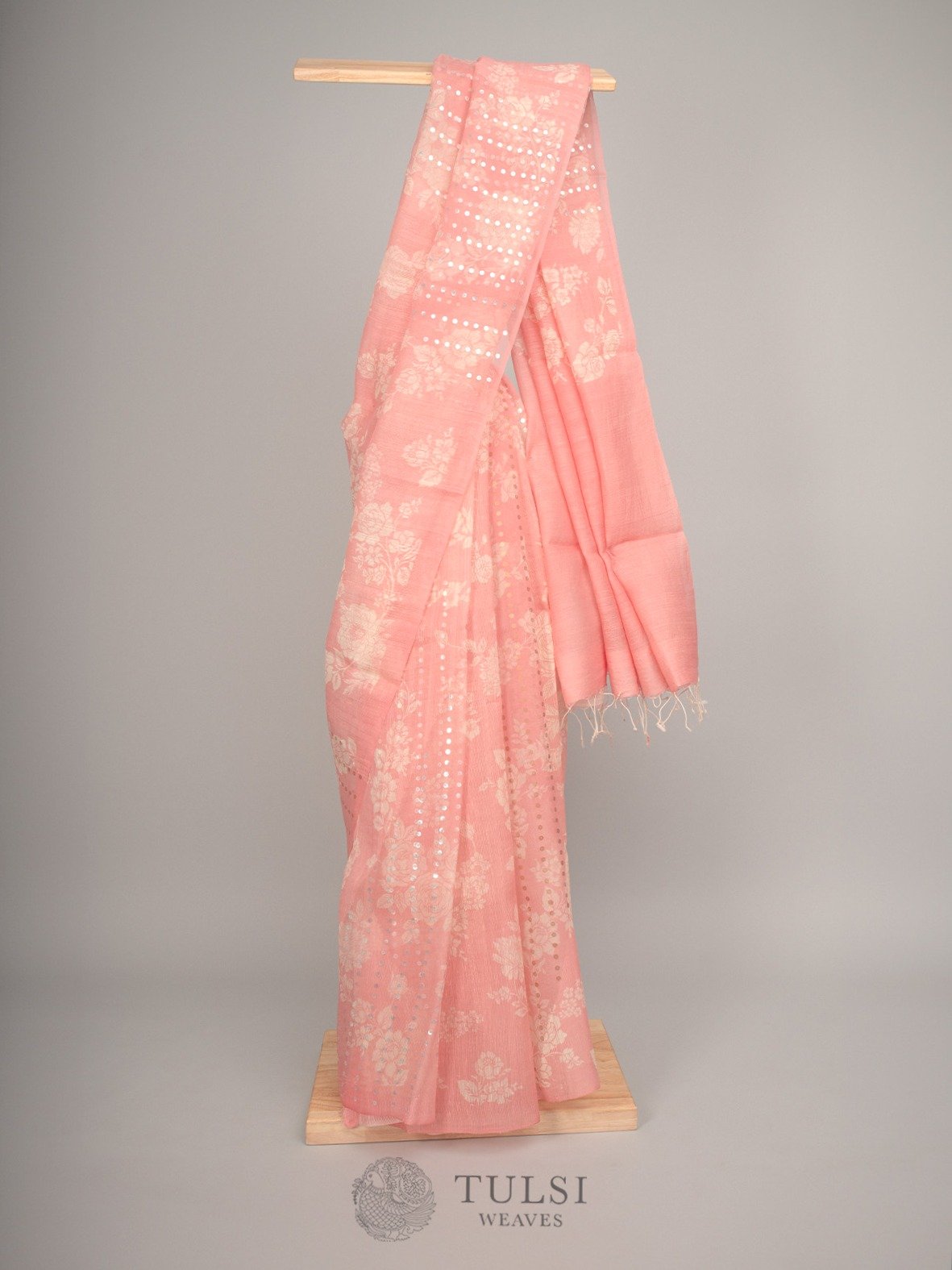 Light Pink Kora Jute Saree with Floral Print