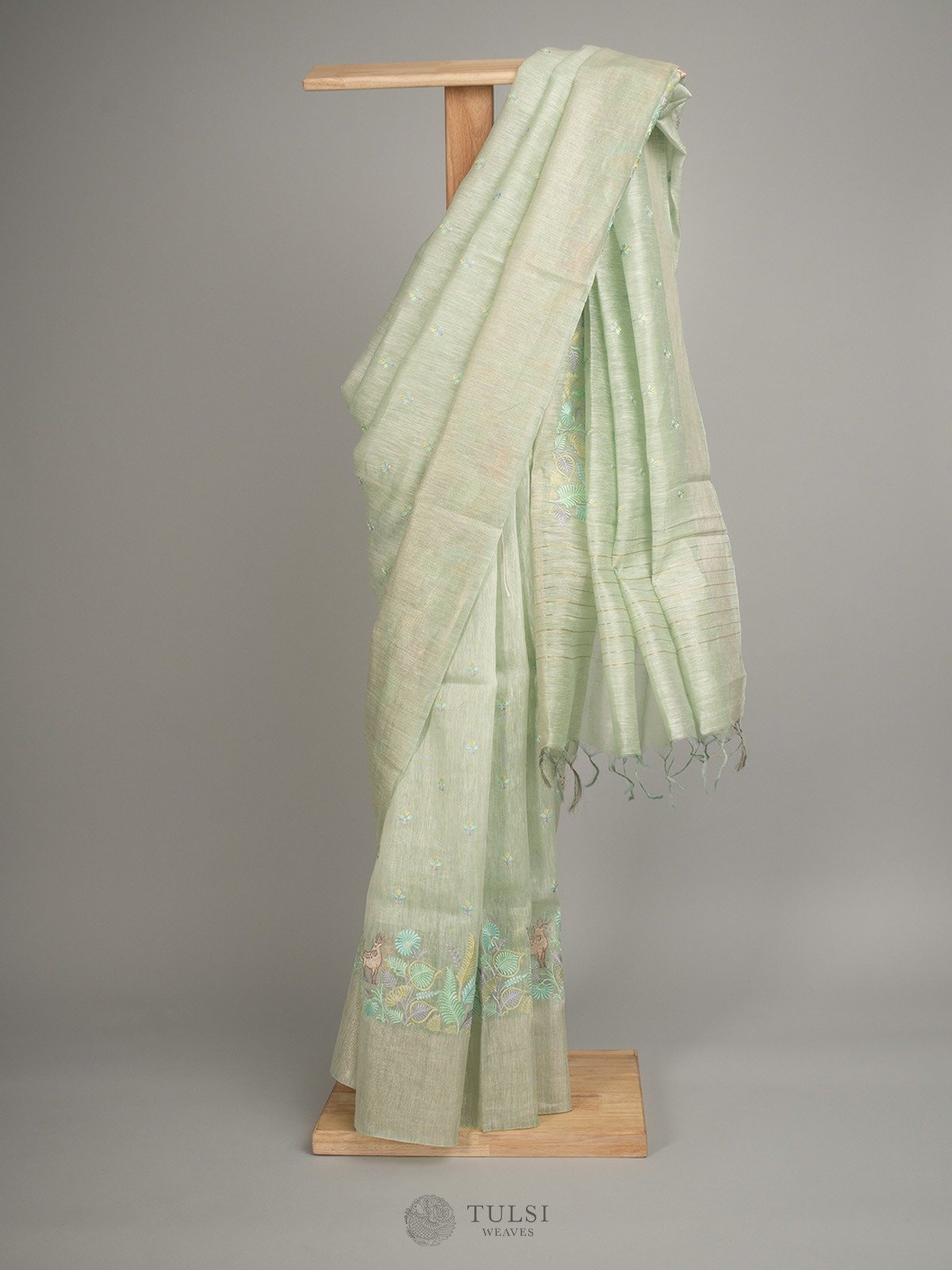 Light Teal Linen Silk Saree With Floral Embroidery