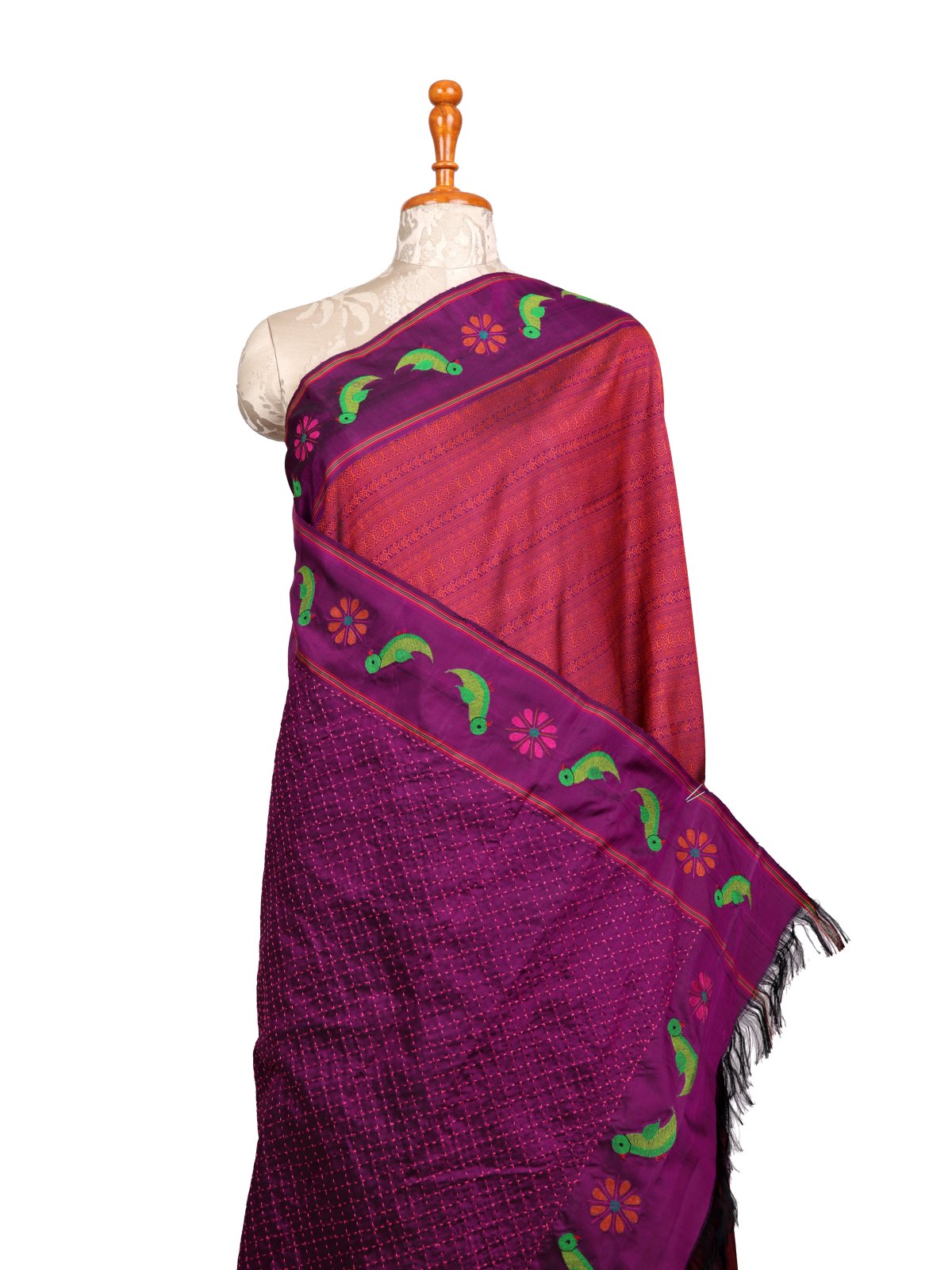 Dark Purple Threadwork Kanjeevaram Silk Saree With Embroidered Border