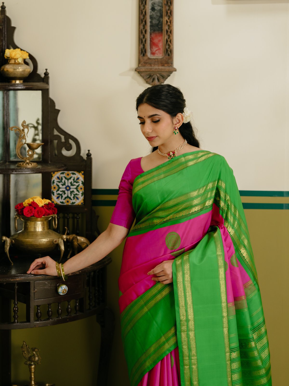 Vintage 48 - Hot Pink Kanjeevaram Silk Saree With Parrot Green Border