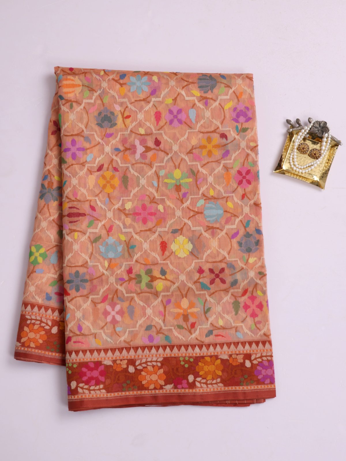 Peach Kora Jamdani Silk Saree With Rust Border
