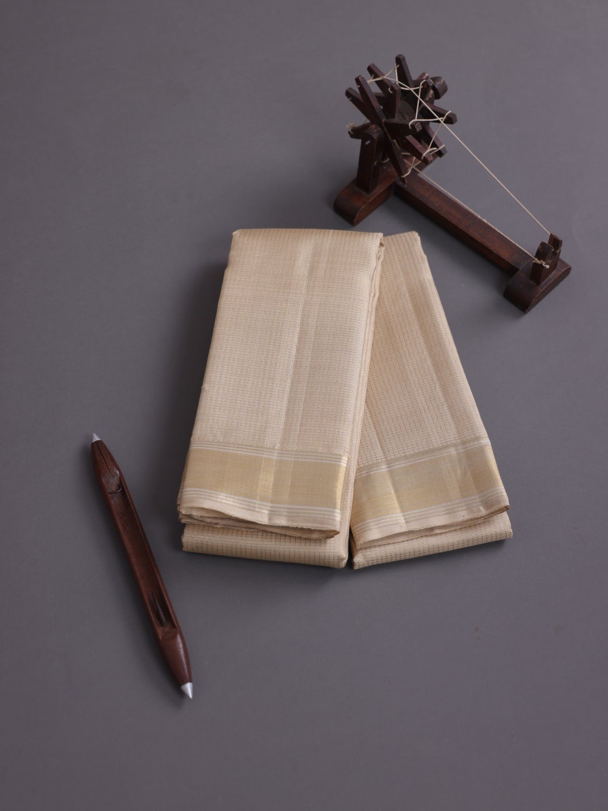 Beige Zari Checked Silk Dhoti And Vasthram with Zari Border