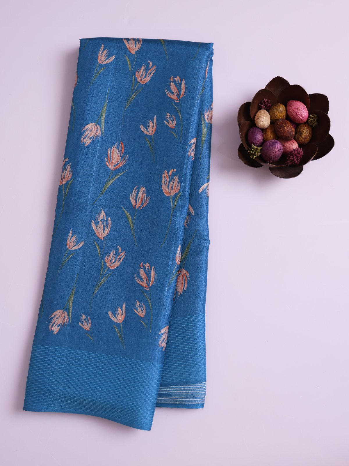 Blue Printed Tussar Silk Saree