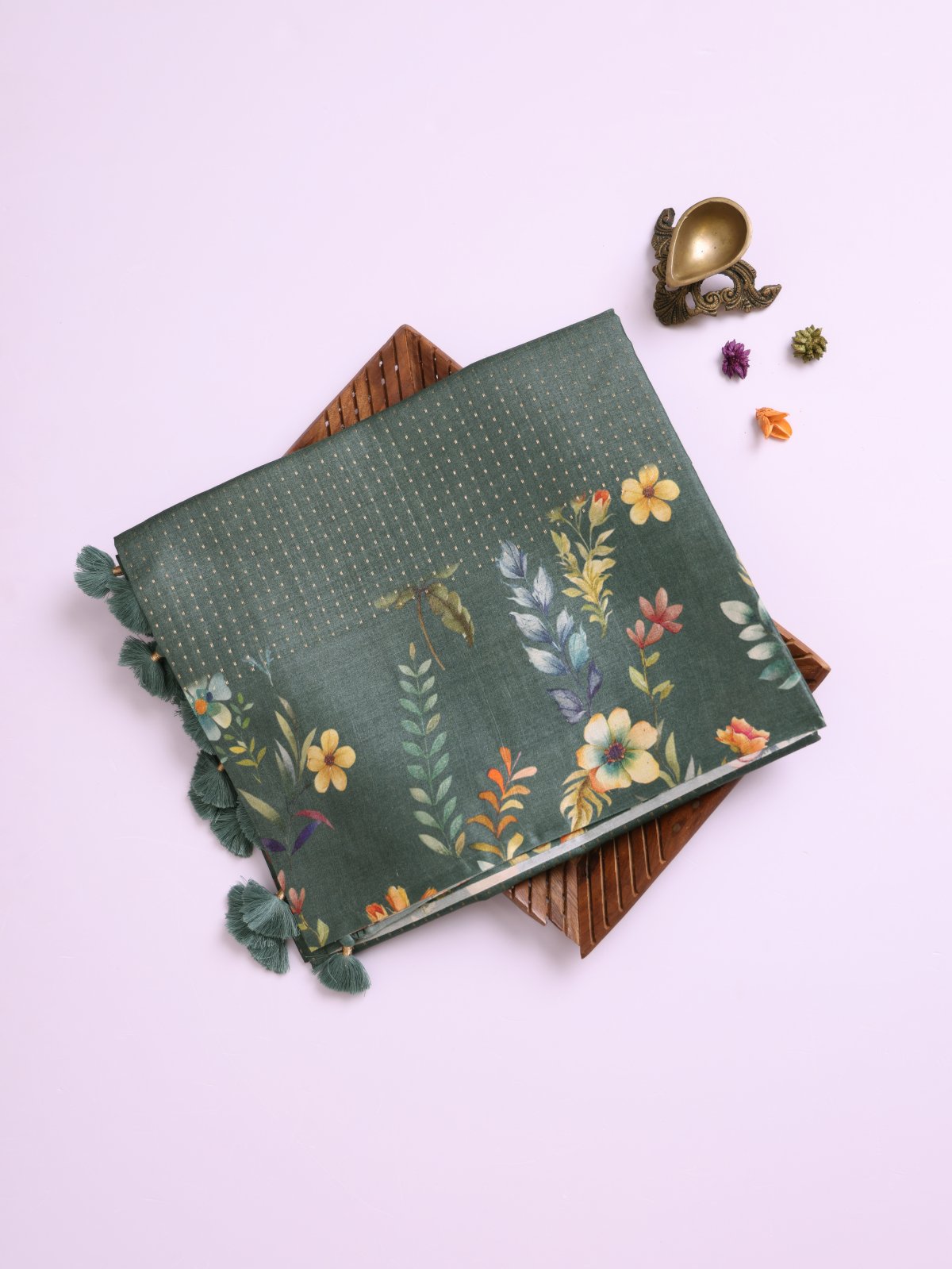 Dark Greyish Green Tussar Silk Saree with Printed Border 