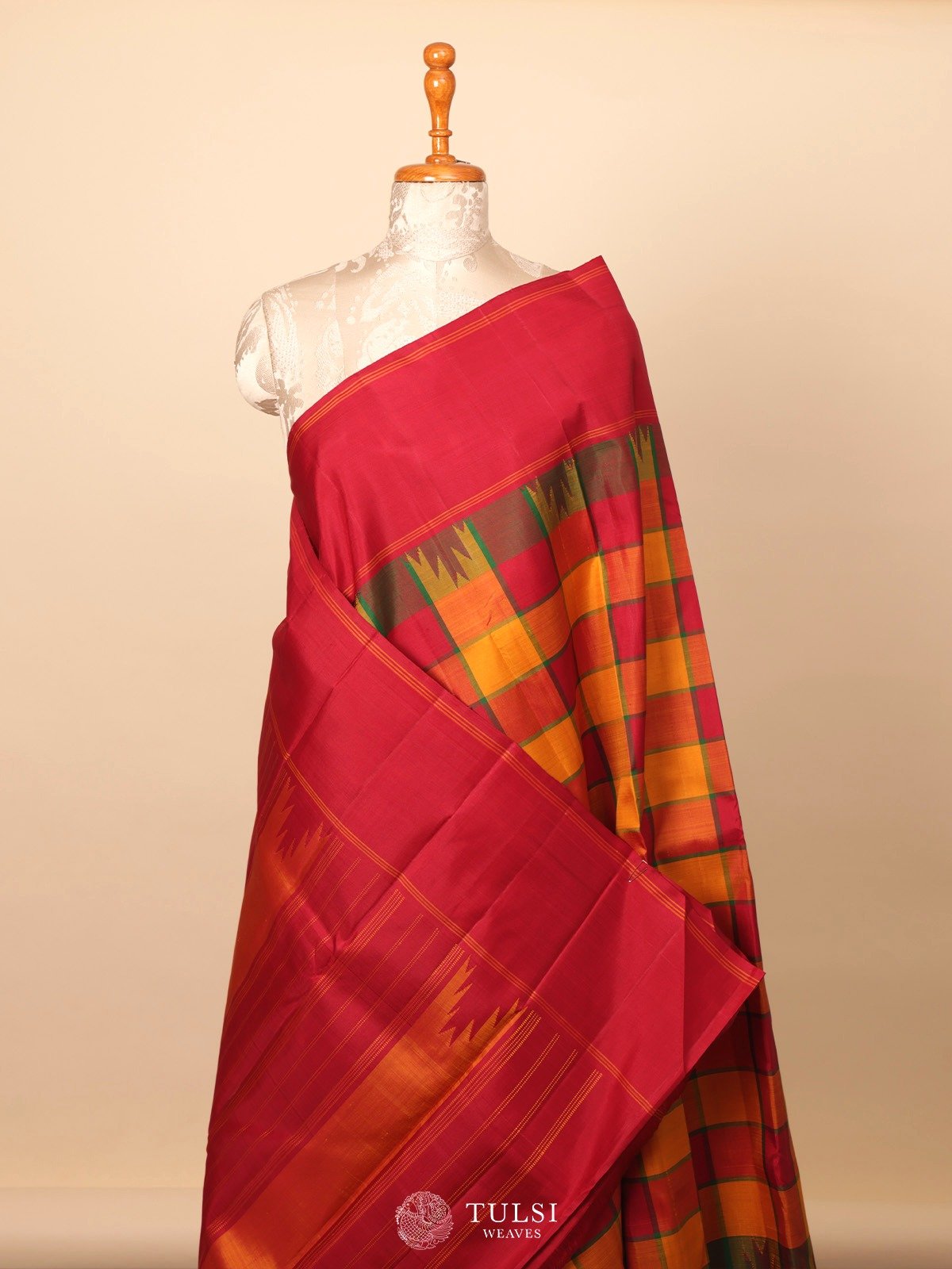 Multi Color Checked Kanjeevaram Silk Saree