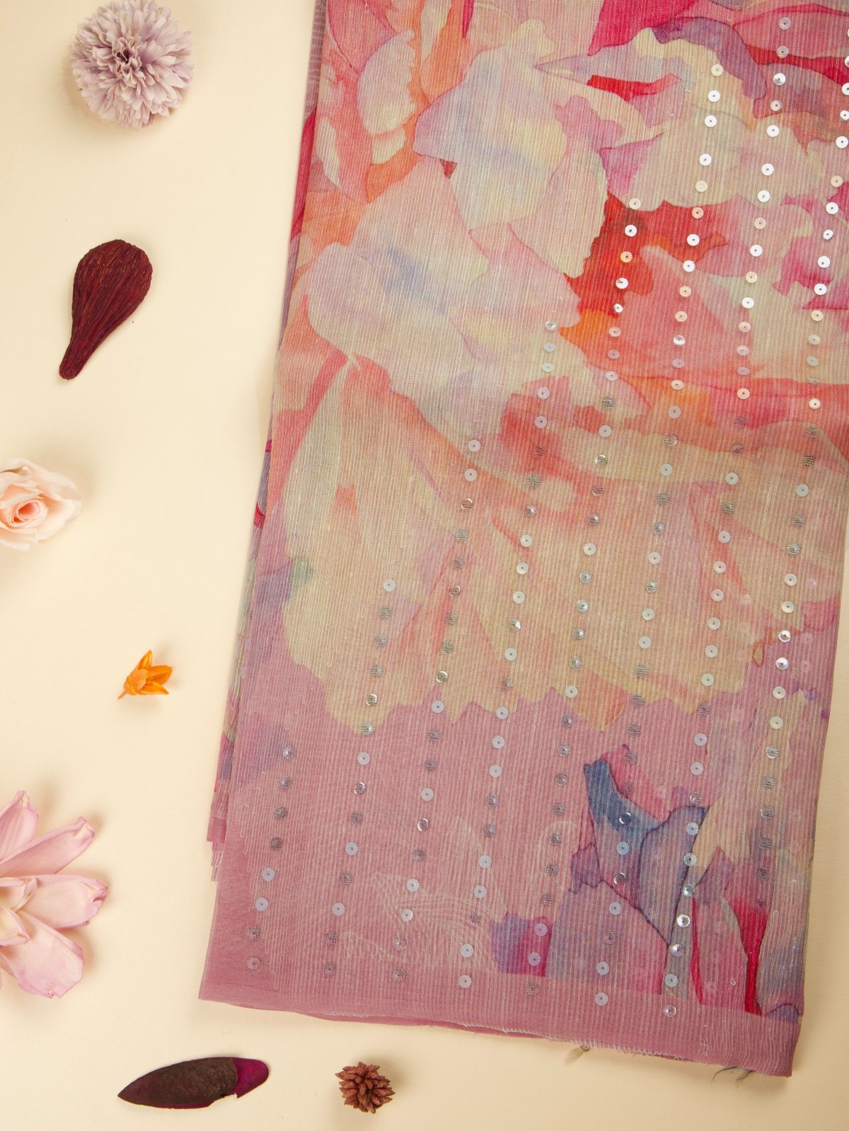  Pink Kora Jute Saree with Floral Print