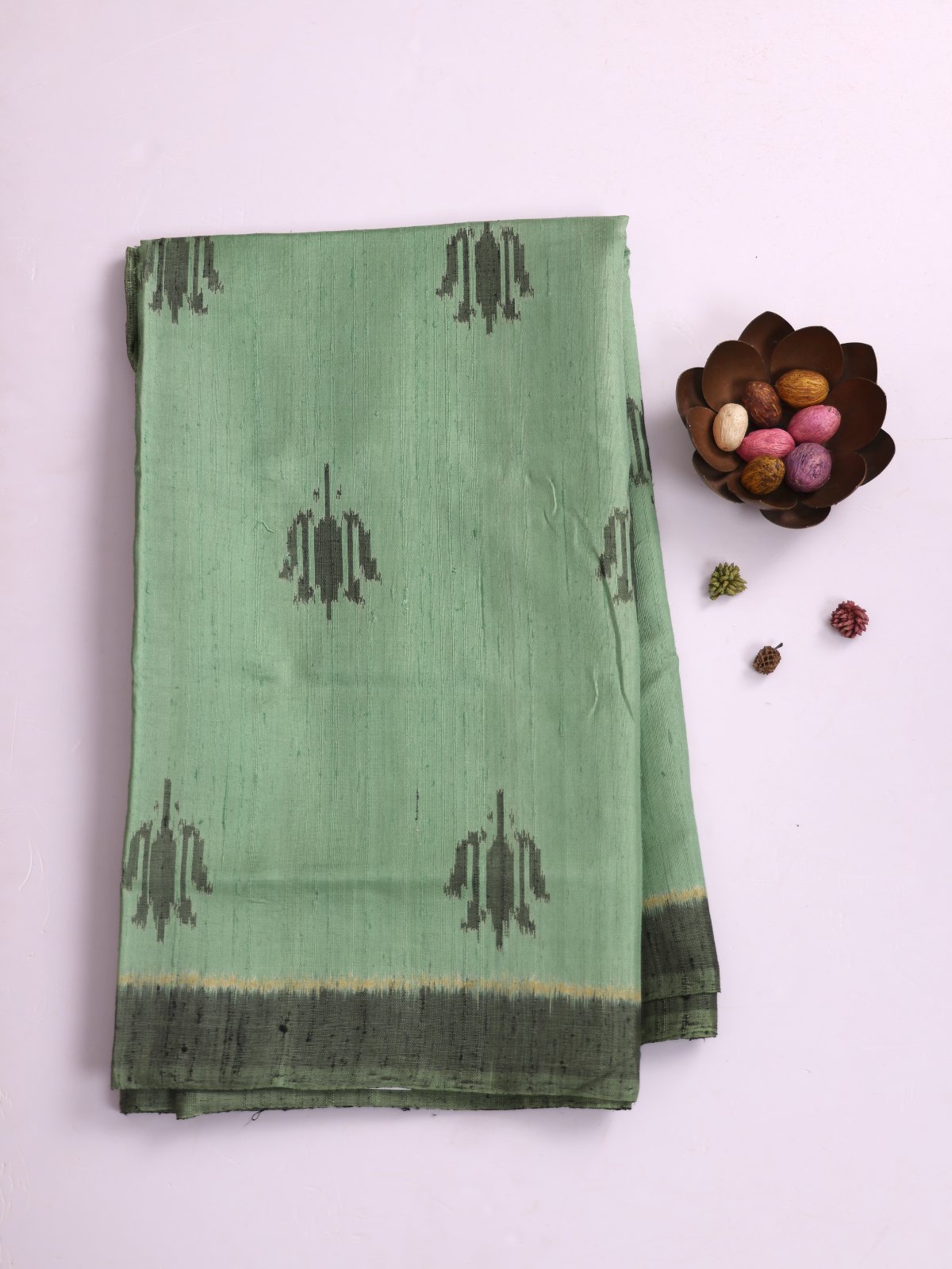 Pastel Green Raw Silk Patola Saree With Greyish Green Border 