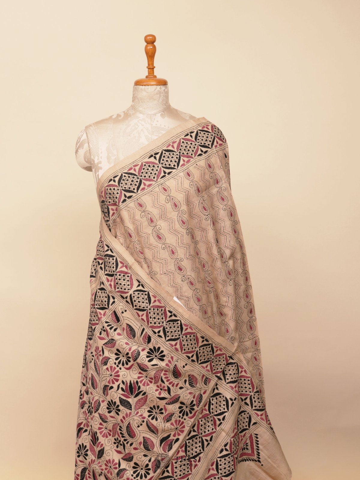 Beige Tussar Silk Saree With Kantha Embroidery