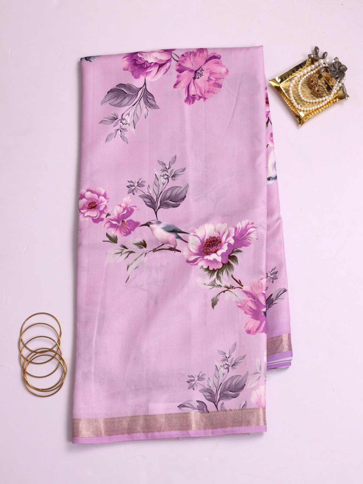 Lavender Printed Banaras Silk Saree With Zari Border