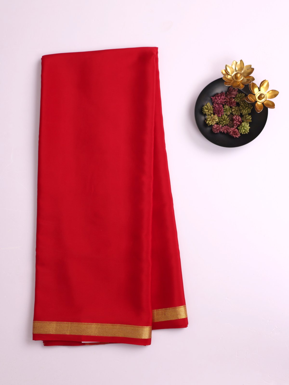 Red Mysore Silk Saree With Zari Border