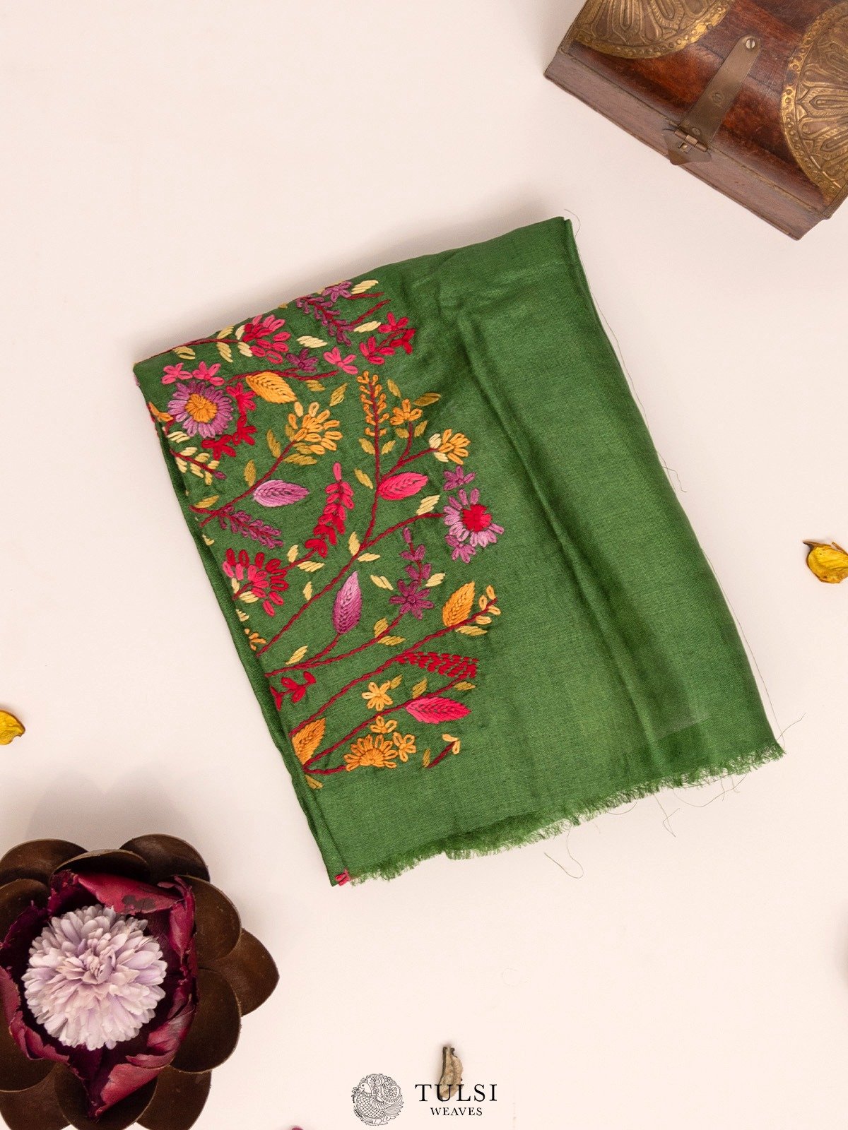 Green Tussar Blouse With Floral Embroidery