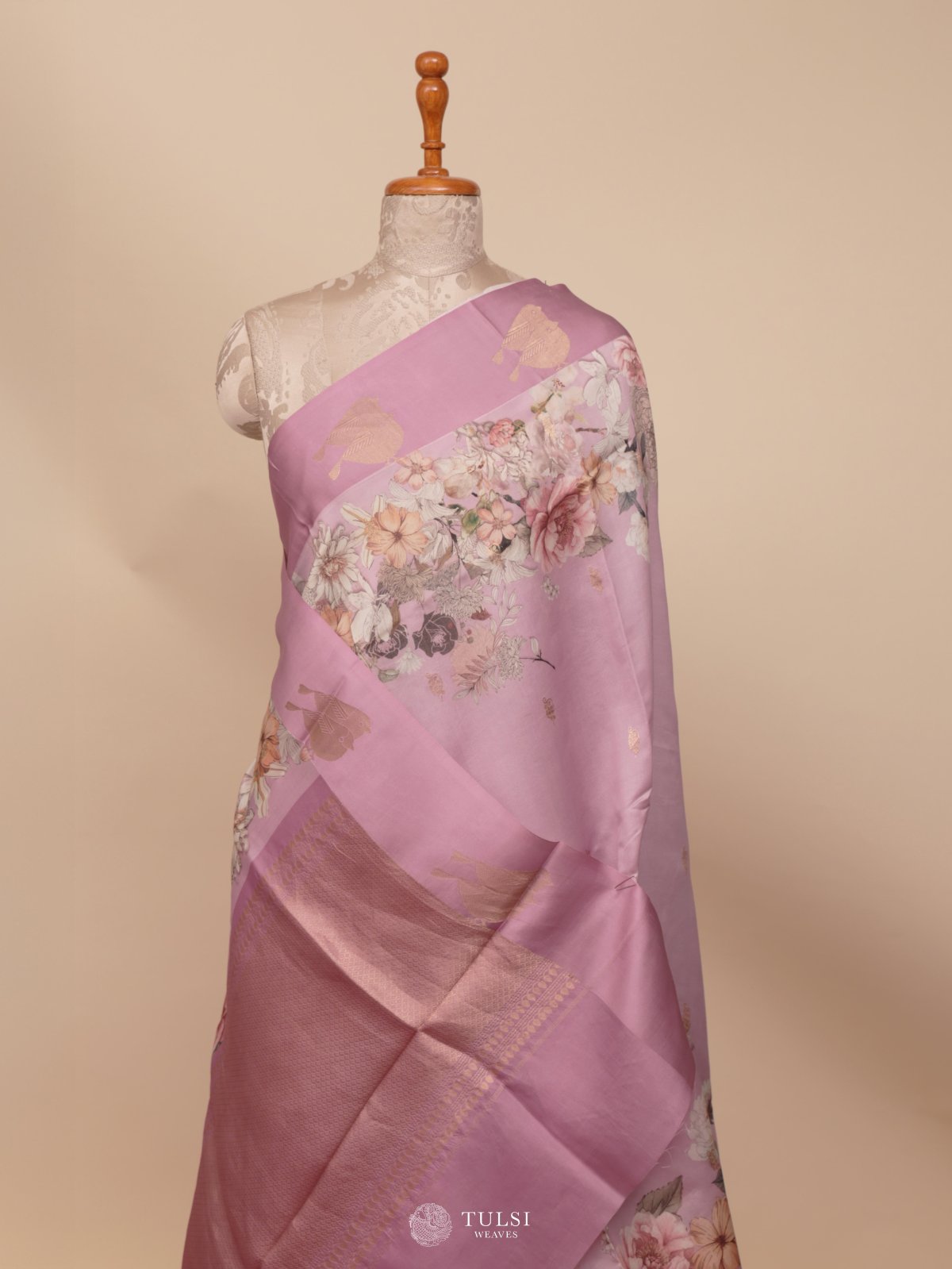 Pastel Pink Printed Mashru Silk Saree