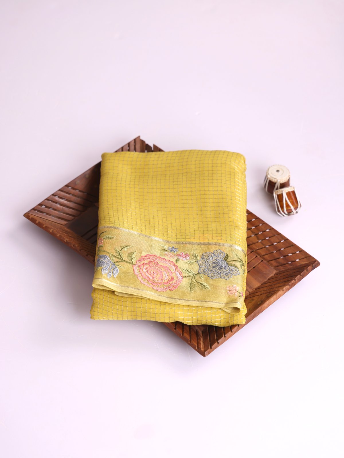 Yellow Zari Checked Georgette Silk Saree With Embroidered Border
