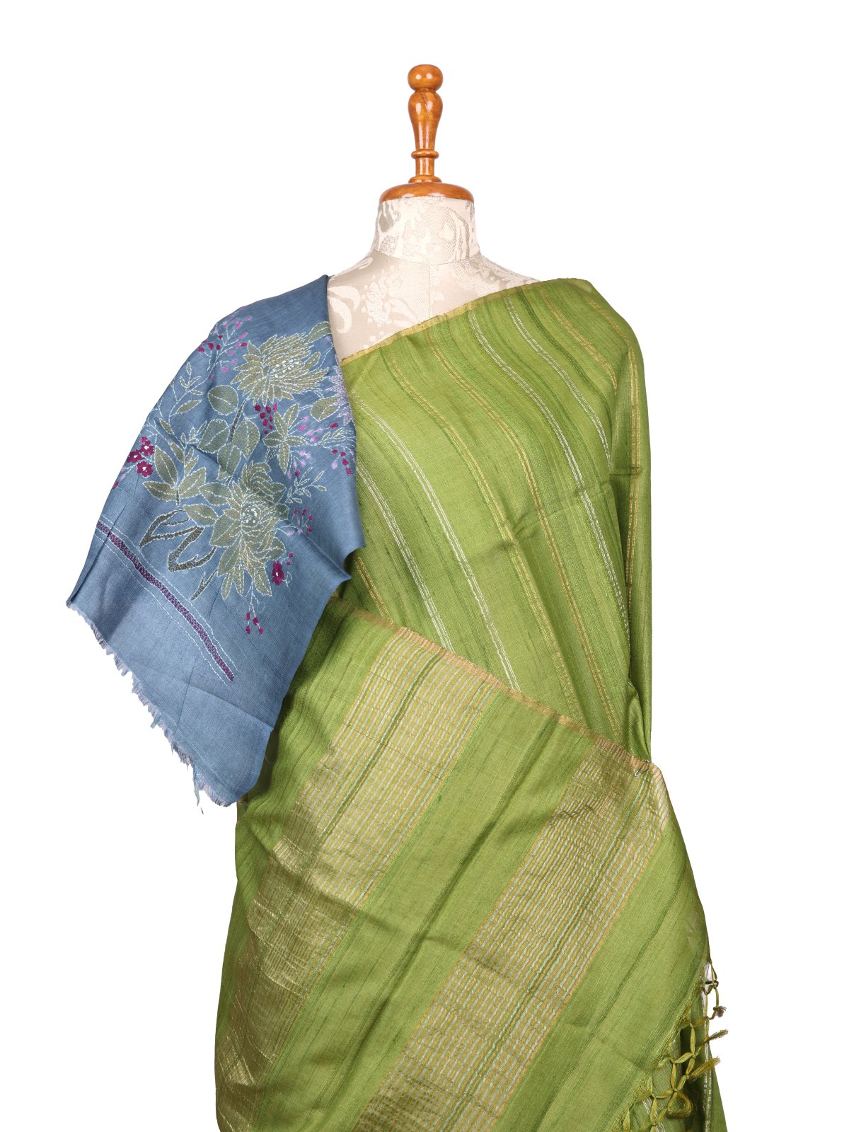 Mehendi Green Zari Striped Tussar Silk Saree with Kantha Embroidered Blouse