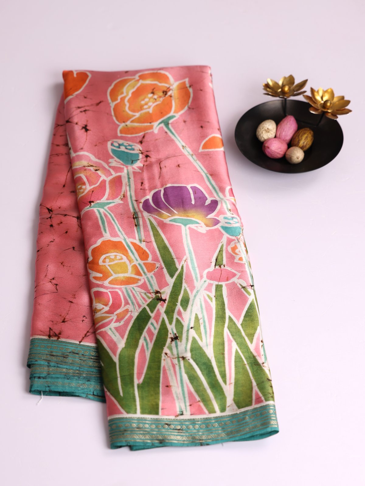 Pink Batik Printed Satin Silk Saree With Teal Blue Zari Border