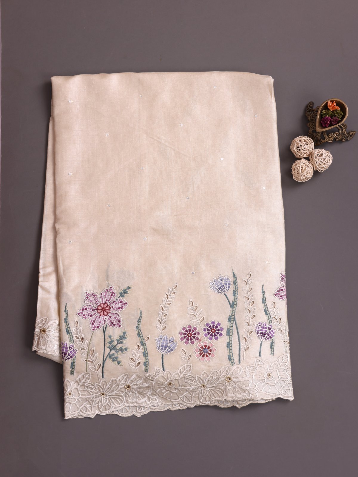 Off-White Tussar Silk Saree With Embroidered Cutwork Border