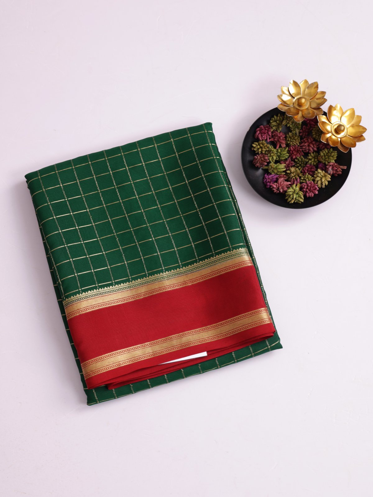 Bottle Green Zari Checked Mysore Silk Saree With Araku Border