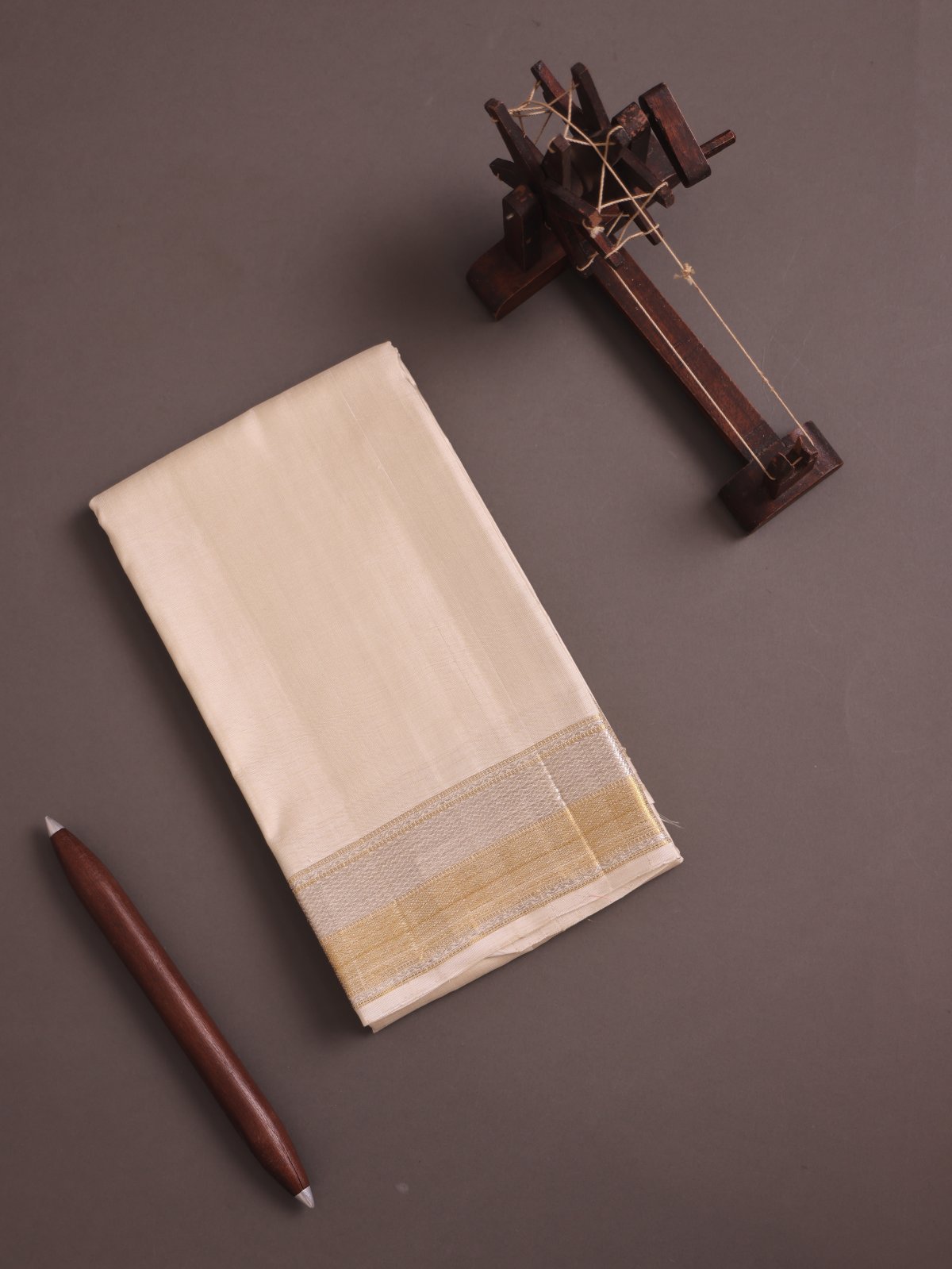 Light Beige Silk Dhoti With Zari Border 