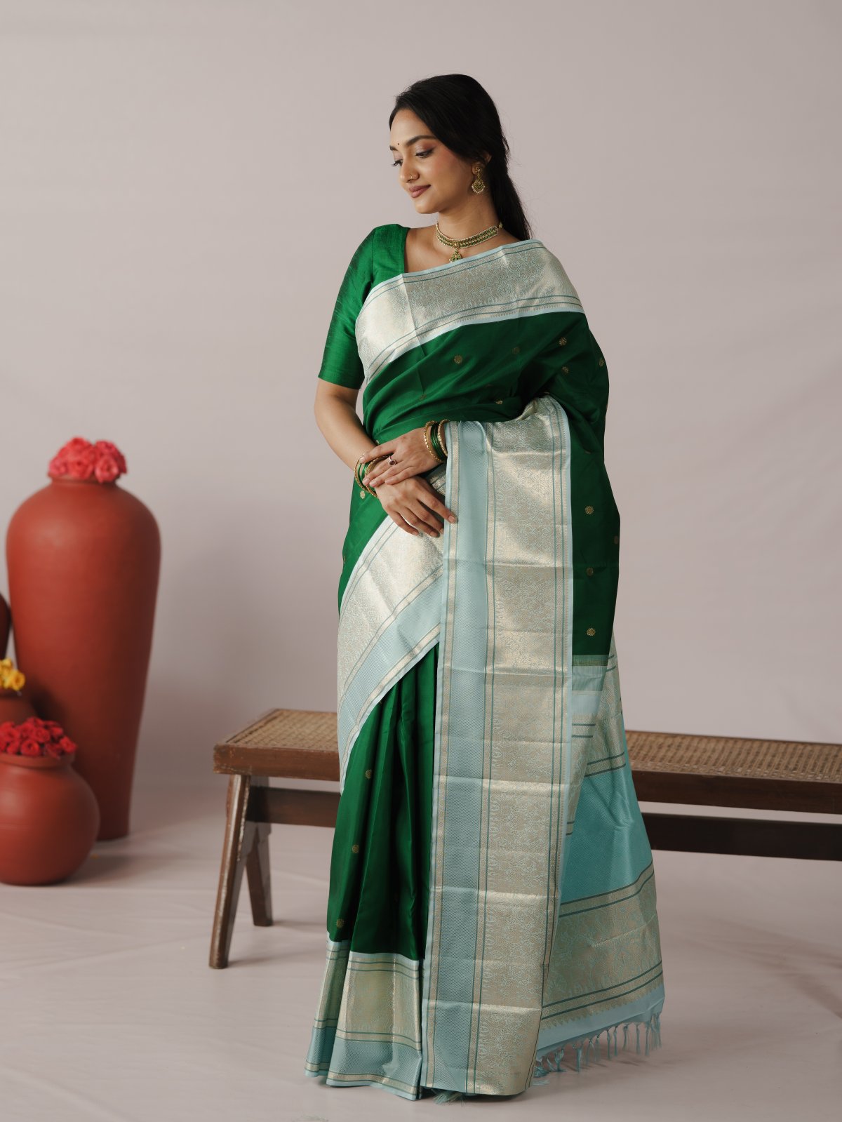Green Kanjeevaram Silk Saree With Light Blue Border
