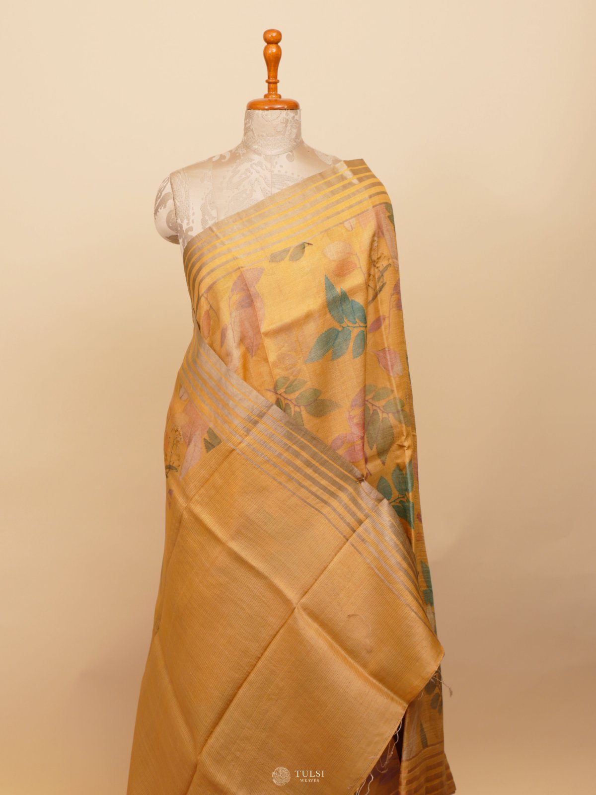 Pastel Yellow Printed Tussar Silk Saree