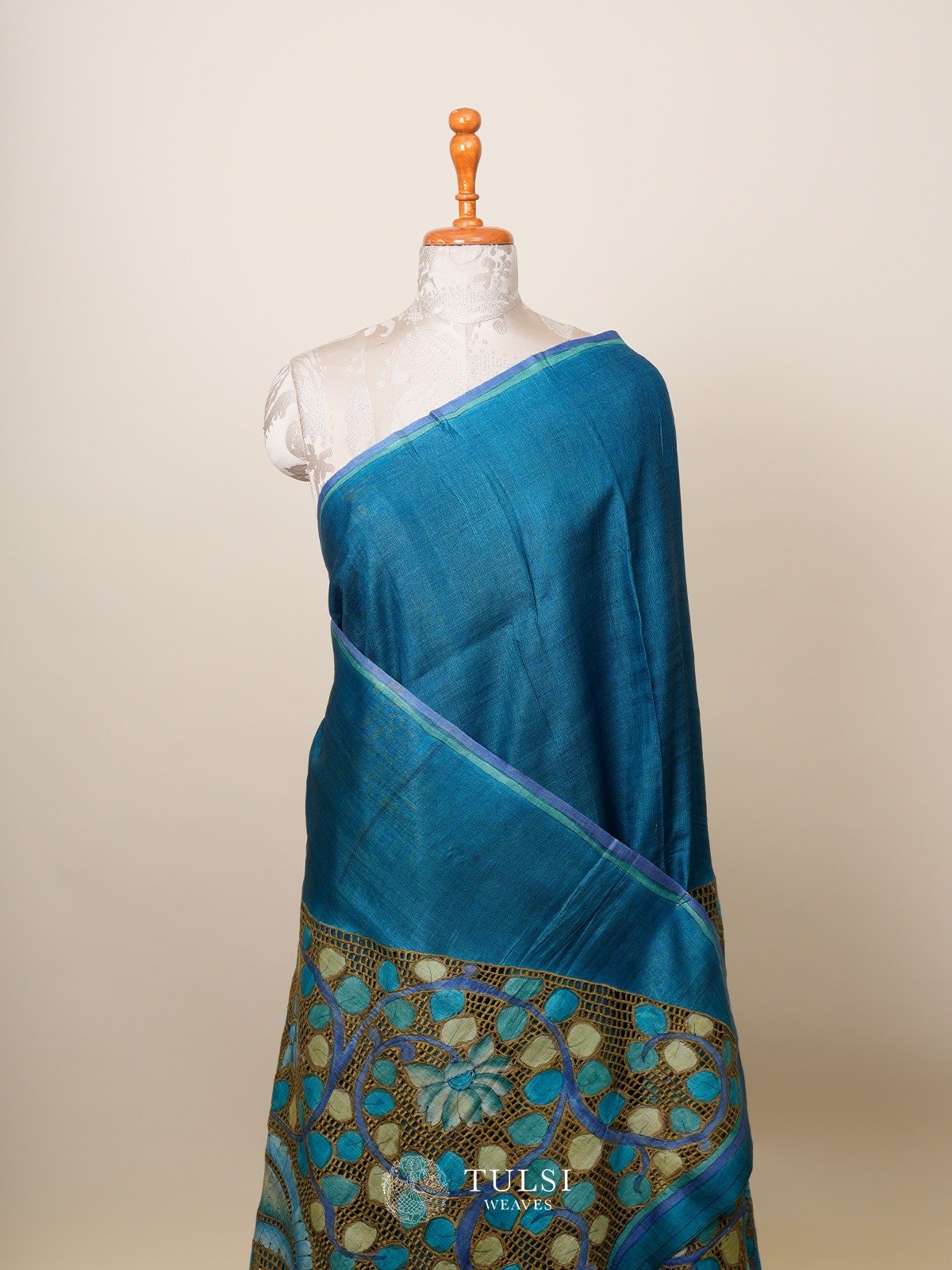 Blue Tussar Silk Saree With Raising Border