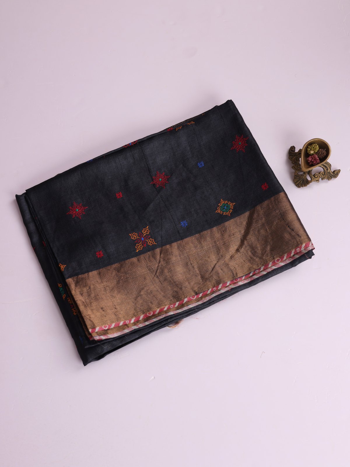 Black Embroidered Tussar Silk Saree With Zari Border