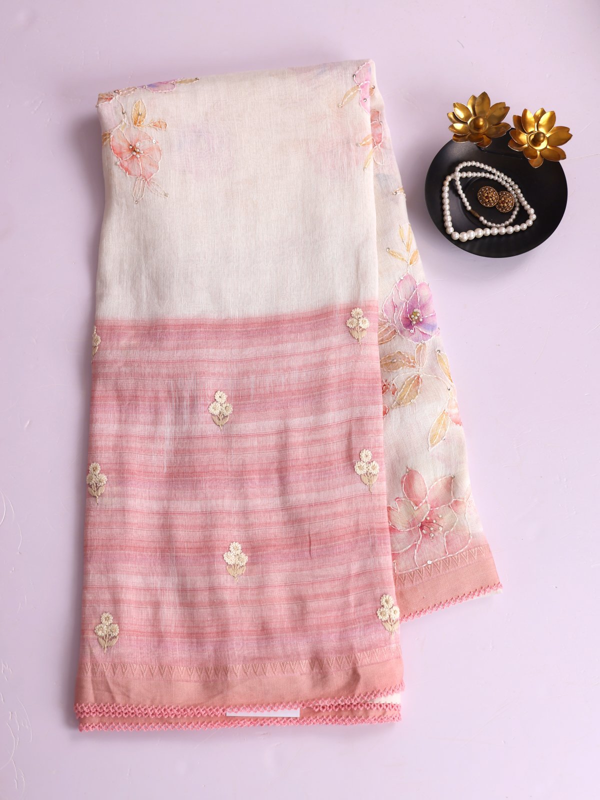 Off-White Printed Linen Saree With Peachy Pink Embroidered Border
